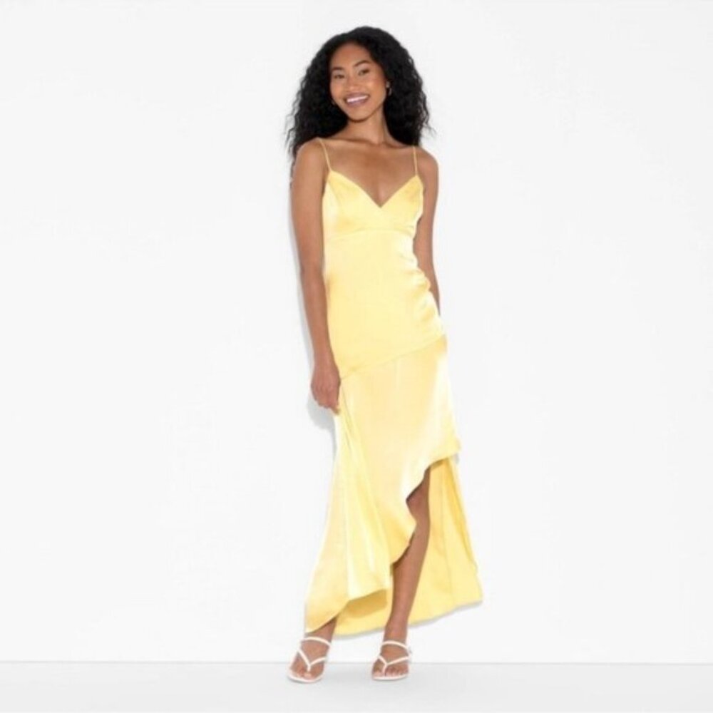 Elegant Satin Asymmetrical Women's Butter Yellow Maxi Dress
